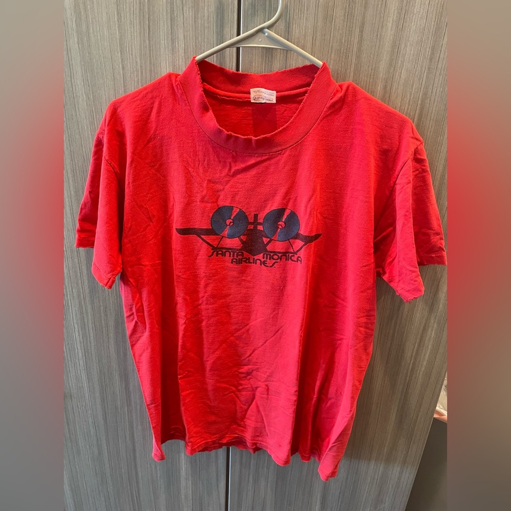 VINTAGE STEDMAN 80s SANTA MONICA AIRLINES NATAS KAUPAS SHIRT RED LARGE